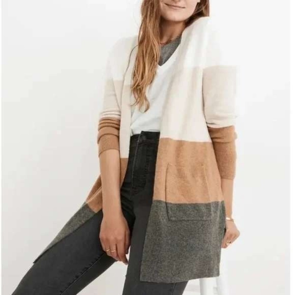 Madewell Kent Colorblock Open Front Cardigan Sweater Cream Tan Brown Grey Size M